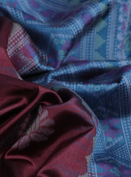 Sambalpuri semi silk saree deep maroon and peacock blue with ikat butta weaves and thread woven border