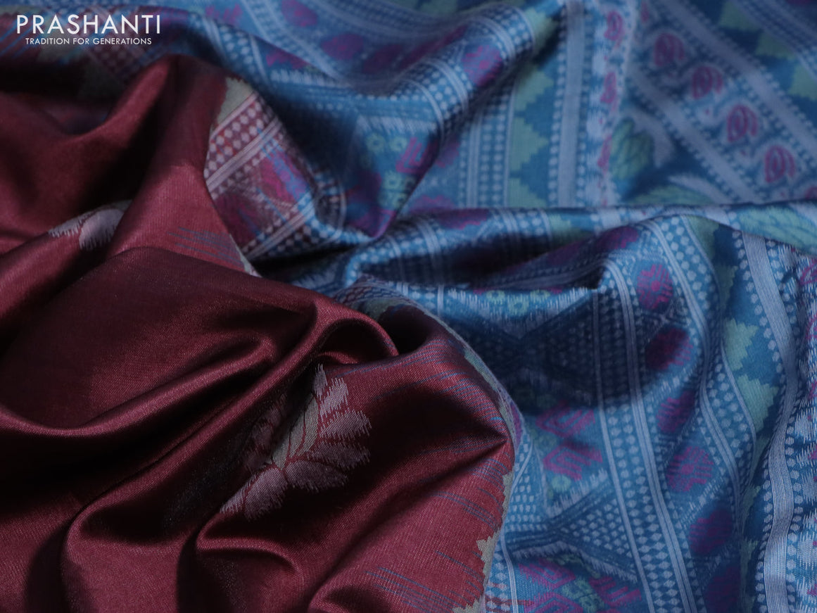 Sambalpuri semi silk saree deep maroon and peacock blue with ikat butta weaves and thread woven border