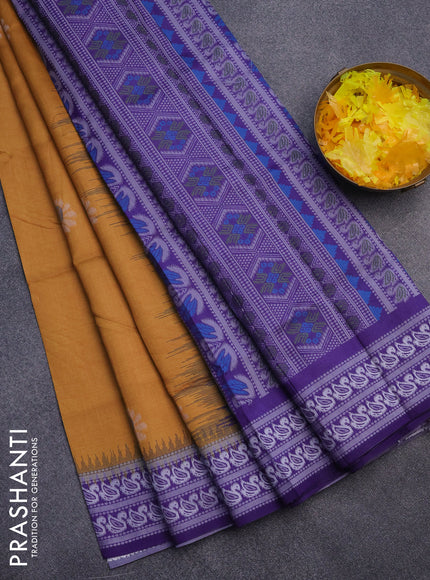 Sambalpuri semi silk saree mustard yellow and violet shade with ikat butta weaves and thread woven border