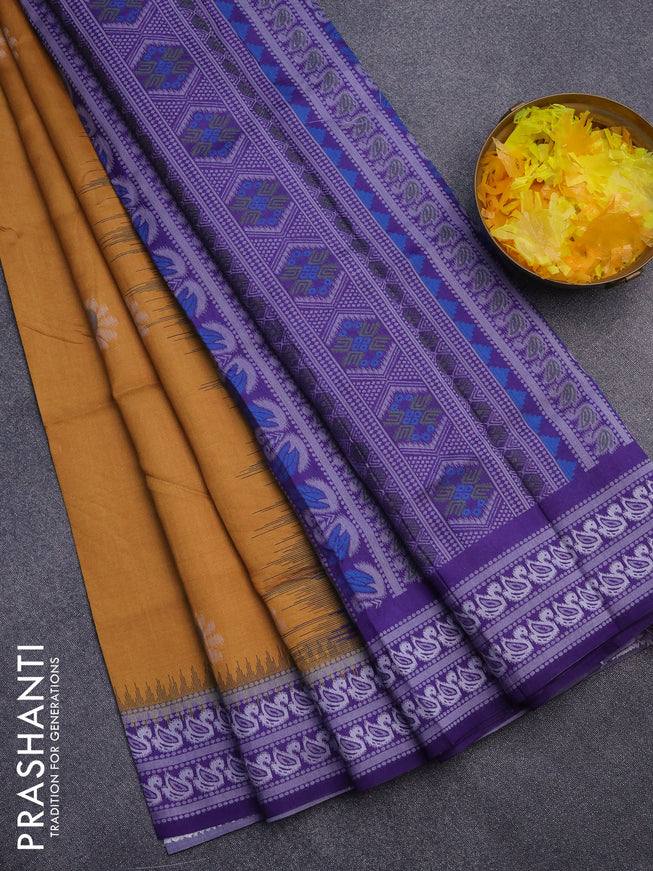 Sambalpuri semi silk saree mustard yellow and violet shade with ikat butta weaves and thread woven border