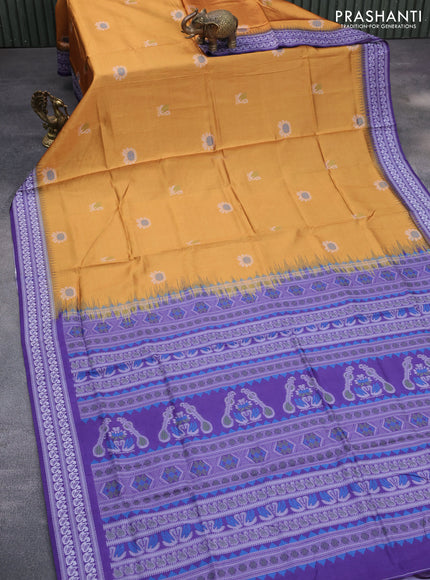 Sambalpuri semi silk saree mustard yellow and violet shade with ikat butta weaves and thread woven border