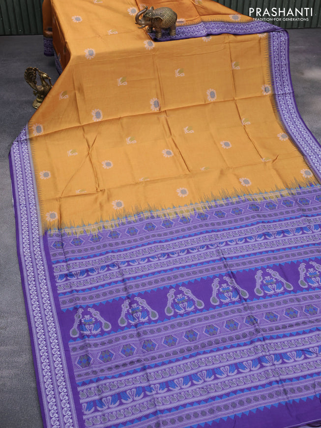 Sambalpuri semi silk saree mustard yellow and violet shade with ikat butta weaves and thread woven border