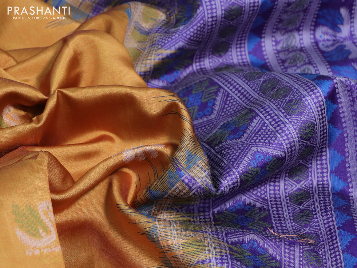 Sambalpuri semi silk saree mustard yellow and violet shade with ikat butta weaves and thread woven border