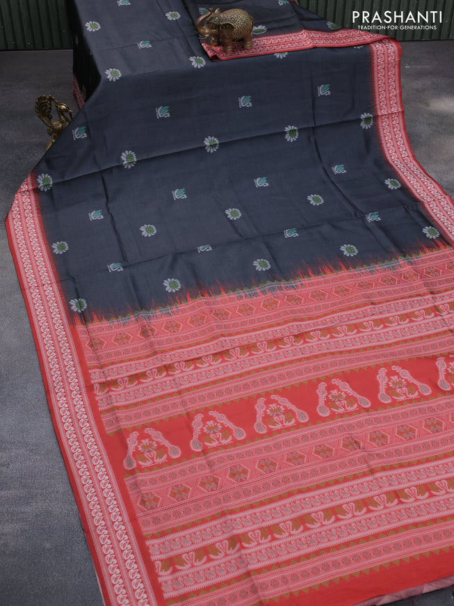 Sambalpuri semi silk saree black and maroon with ikat butta weaves and thread woven border