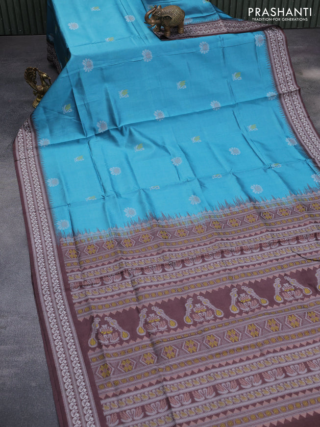 Sambalpuri semi silk saree teal blue and coffee brown with ikat butta weaves and thread woven border