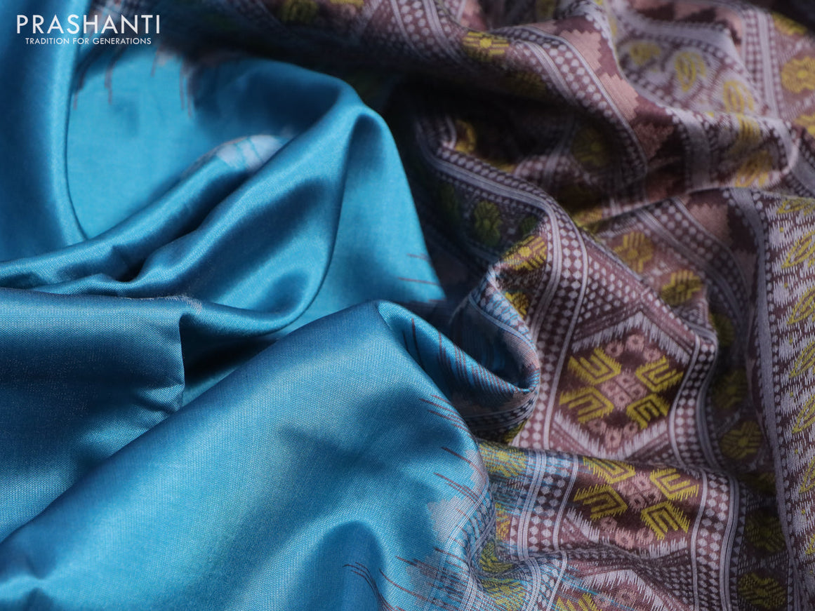 Sambalpuri semi silk saree teal blue and coffee brown with ikat butta weaves and thread woven border