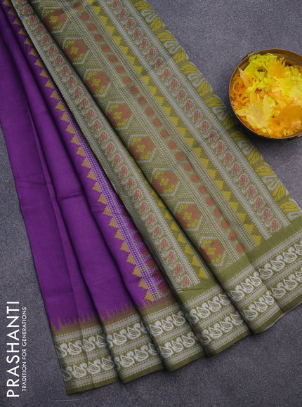 Sambalpuri semi silk saree purple and mehendi green with ikat butta weaves and thread woven border