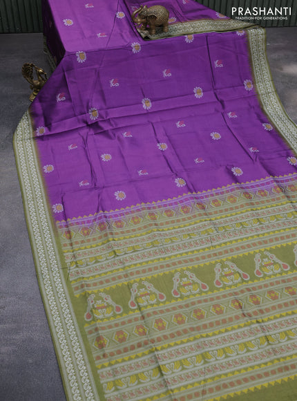 Sambalpuri semi silk saree purple and mehendi green with ikat butta weaves and thread woven border