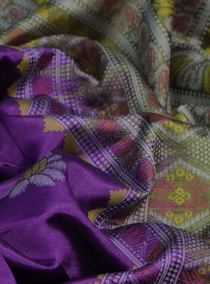 Sambalpuri semi silk saree purple and mehendi green with ikat butta weaves and thread woven border