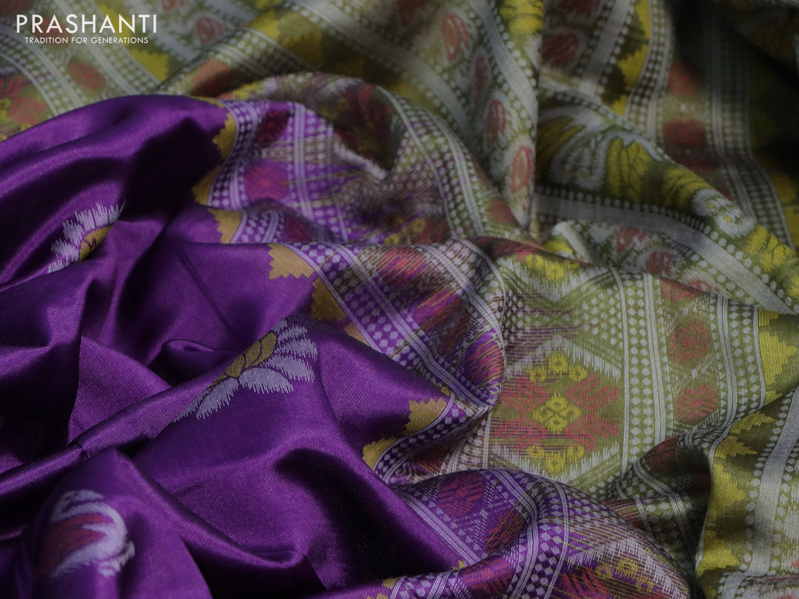 Sambalpuri semi silk saree purple and mehendi green with ikat butta weaves and thread woven border