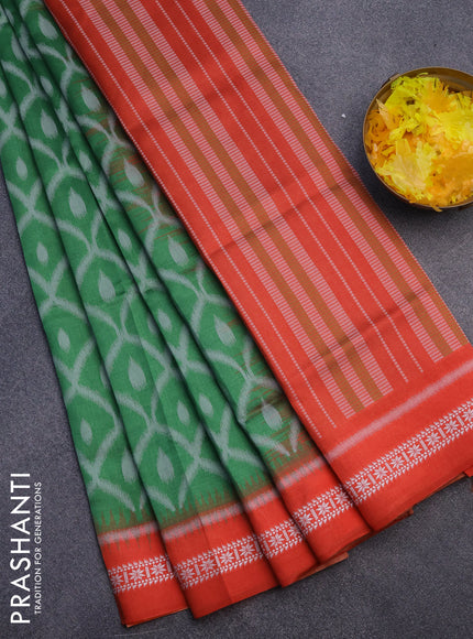 Sambalpuri semi silk saree green and orange with allover ikat weaves and thread woven border