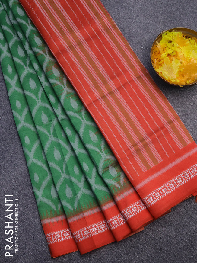 Sambalpuri semi silk saree green and orange with allover ikat weaves and thread woven border