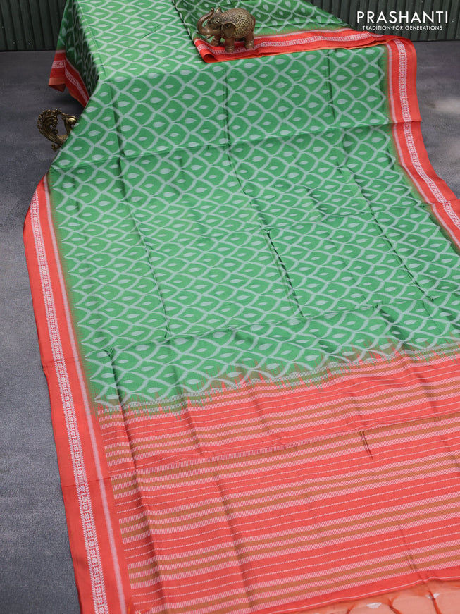 Sambalpuri semi silk saree green and orange with allover ikat weaves and thread woven border