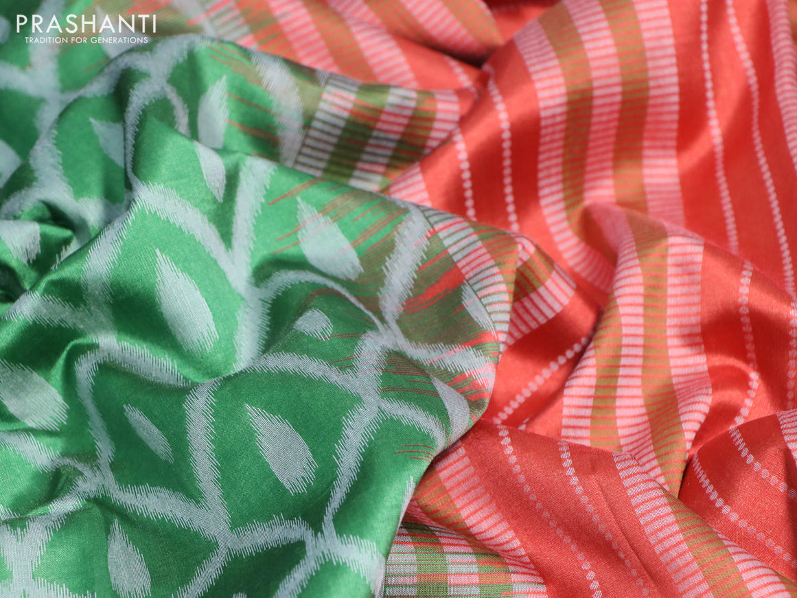 Sambalpuri semi silk saree green and orange with allover ikat weaves and thread woven border