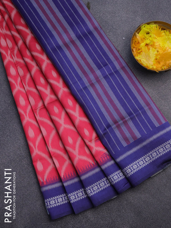 Sambalpuri semi silk saree candy pink and blue shade with allover ikat weaves and thread woven border