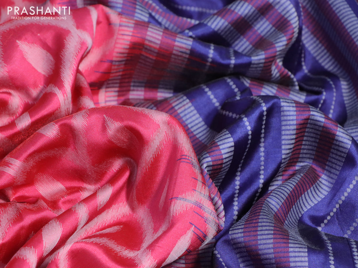 Sambalpuri semi silk saree candy pink and blue shade with allover ikat weaves and thread woven border