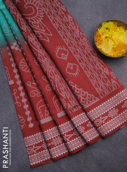 Sambalpuri semi silk saree teal green and deep maroon with allover ikat weaves and thread woven border