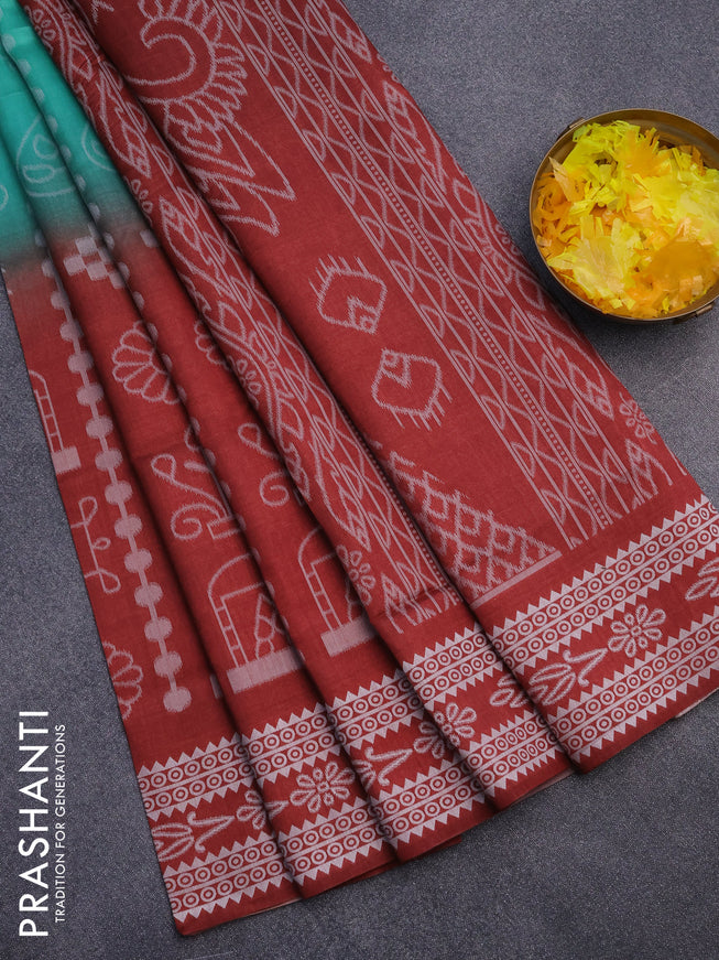 Sambalpuri semi silk saree teal green and deep maroon with allover ikat weaves and thread woven border