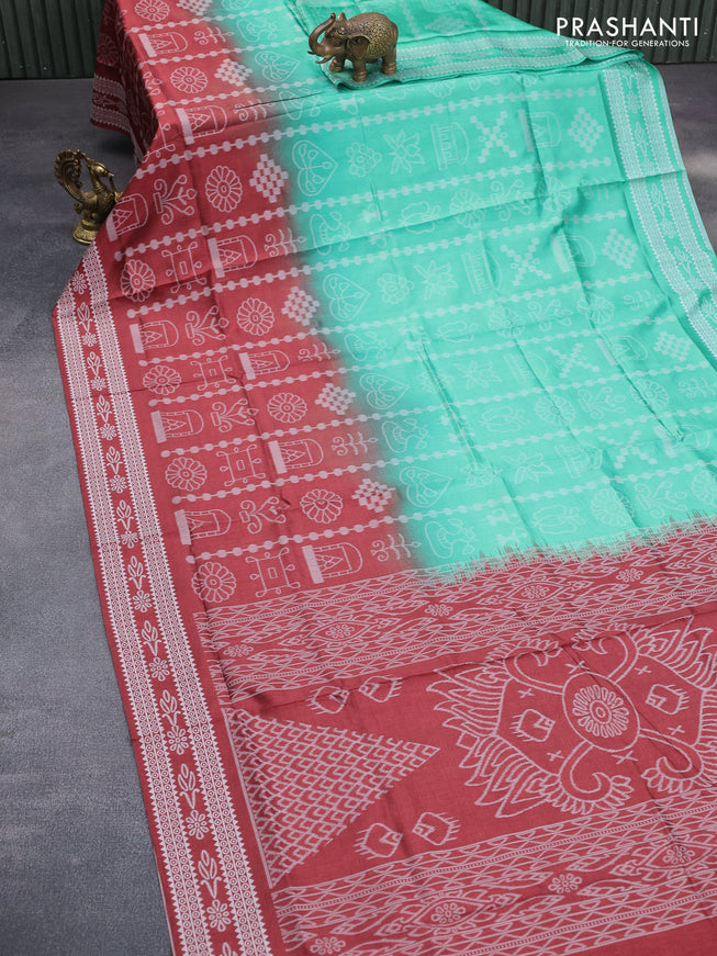 Sambalpuri semi silk saree teal green and deep maroon with allover ikat weaves and thread woven border