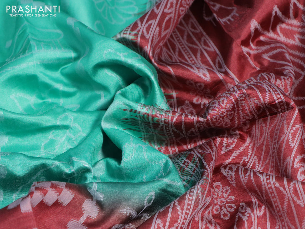 Sambalpuri semi silk saree teal green and deep maroon with allover ikat weaves and thread woven border