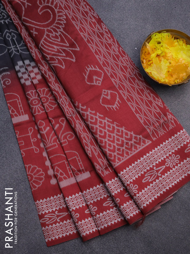 Sambalpuri semi silk saree black and maroon with allover ikat weaves and thread woven border