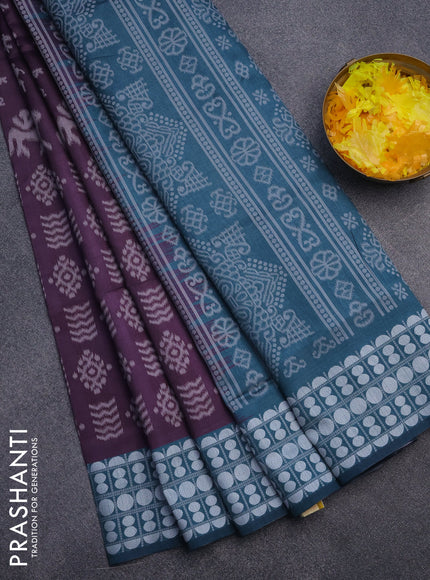 Sambalpuri semi silk saree wine shade and peacock green with allover ikat weaves and thread woven border