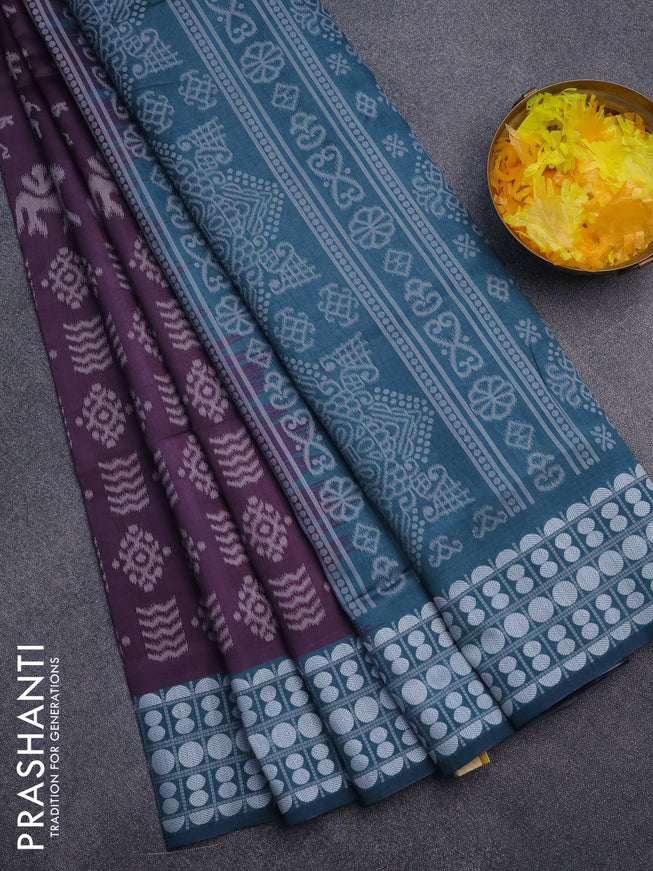 Sambalpuri semi silk saree wine shade and peacock green with allover ikat weaves and thread woven border