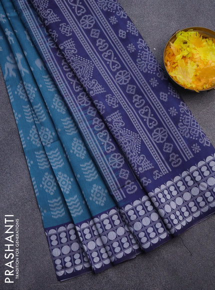 Sambalpuri semi silk saree peacock blue and navy blue with allover ikat weaves and thread woven border