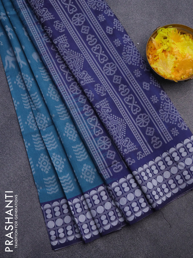 Sambalpuri semi silk saree peacock blue and navy blue with allover ikat weaves and thread woven border