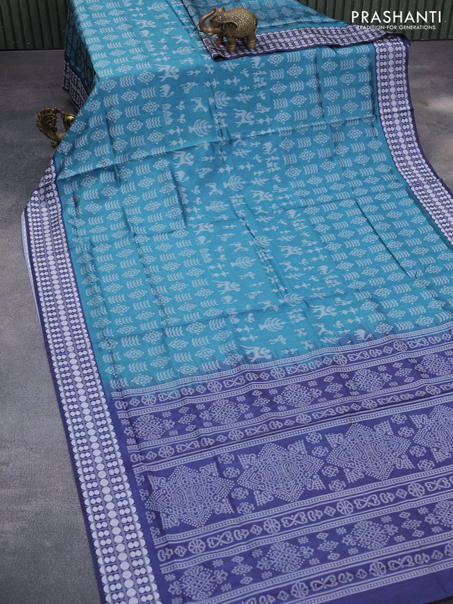 Sambalpuri semi silk saree peacock blue and navy blue with allover ikat weaves and thread woven border