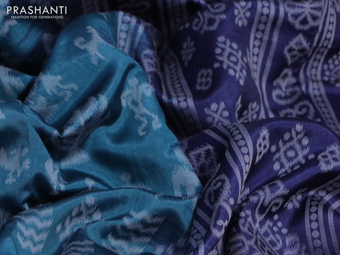 Sambalpuri semi silk saree peacock blue and navy blue with allover ikat weaves and thread woven border