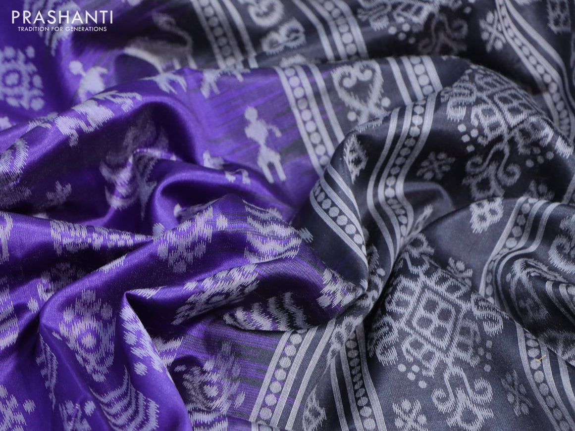 Sambalpuri semi silk saree violet and elephant grey with allover ikat weaves and thread woven border