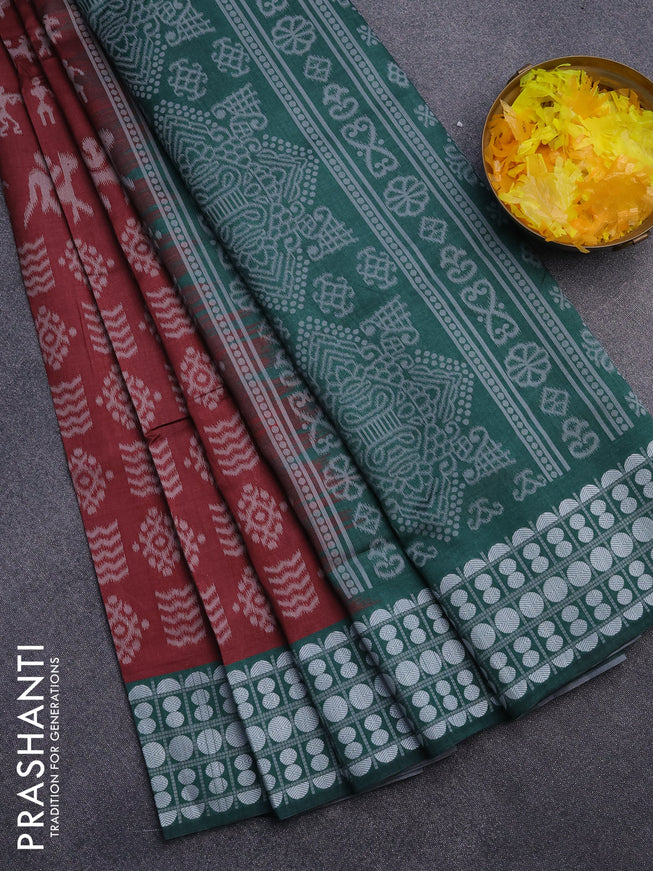 Sambalpuri semi silk saree maroon and green with allover ikat weaves and thread woven border