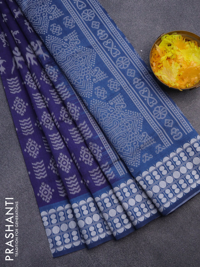 Sambalpuri semi silk saree navy blue and peacock blue with allover ikat weaves and thread woven border