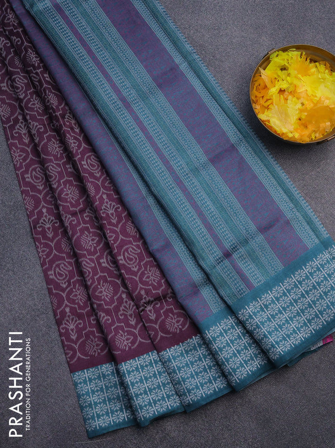 Sambalpuri semi silk saree wine shade and peacock green with allover ikat weaves and thread woven border