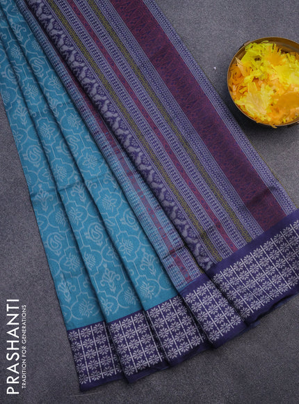 Sambalpuri semi silk saree teal gree shade and dark blue with allover ikat weaves and thread woven border