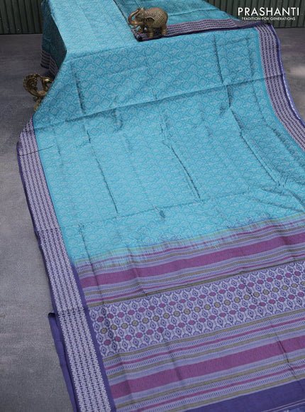 Sambalpuri semi silk saree teal gree shade and dark blue with allover ikat weaves and thread woven border