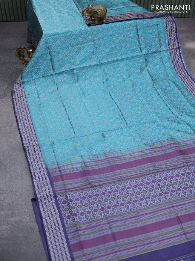 Sambalpuri semi silk saree teal gree shade and dark blue with allover ikat weaves and thread woven border