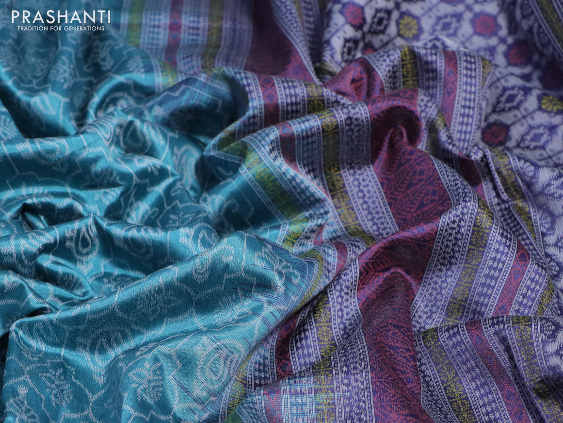 Sambalpuri semi silk saree teal gree shade and dark blue with allover ikat weaves and thread woven border