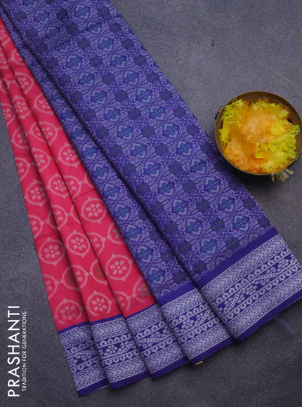 Sambalpuri semi silk saree candy pink and violet with allover ikat weaves and thread woven border