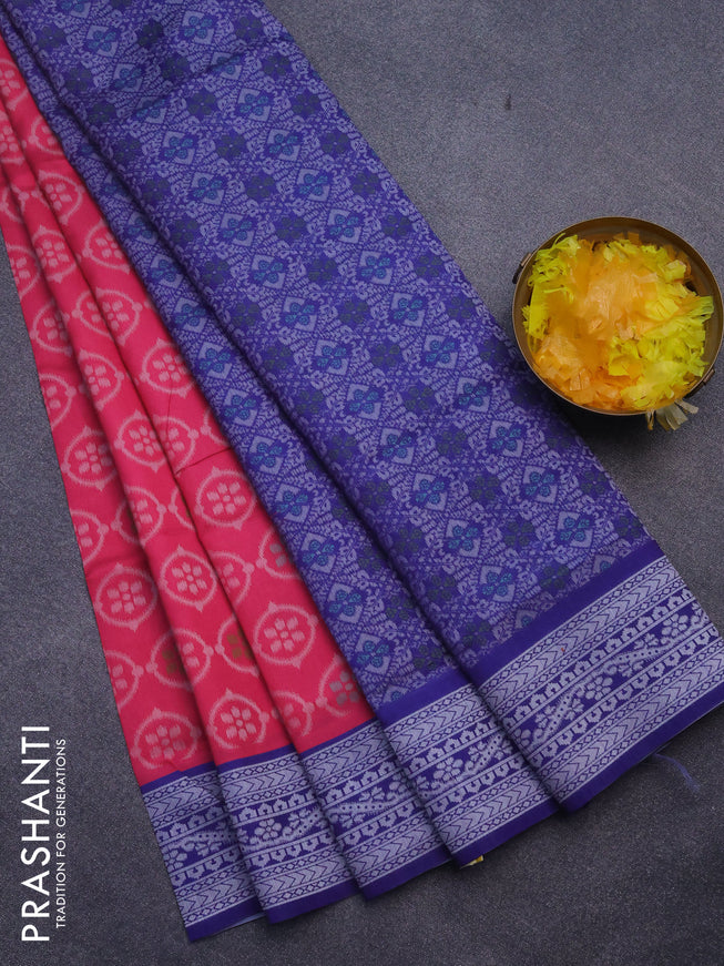 Sambalpuri semi silk saree candy pink and violet with allover ikat weaves and thread woven border