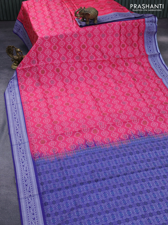 Sambalpuri semi silk saree candy pink and violet with allover ikat weaves and thread woven border