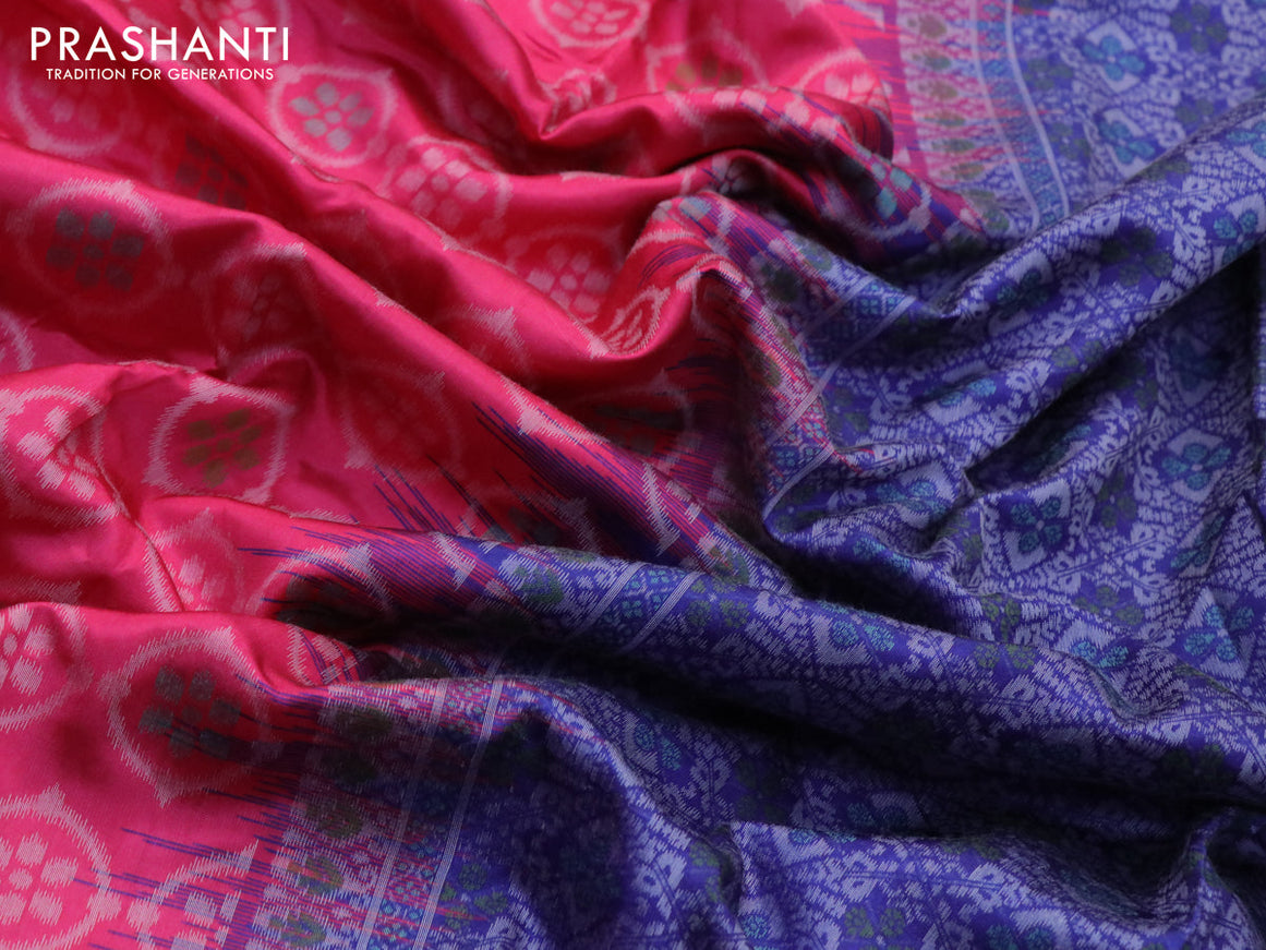 Sambalpuri semi silk saree candy pink and violet with allover ikat weaves and thread woven border