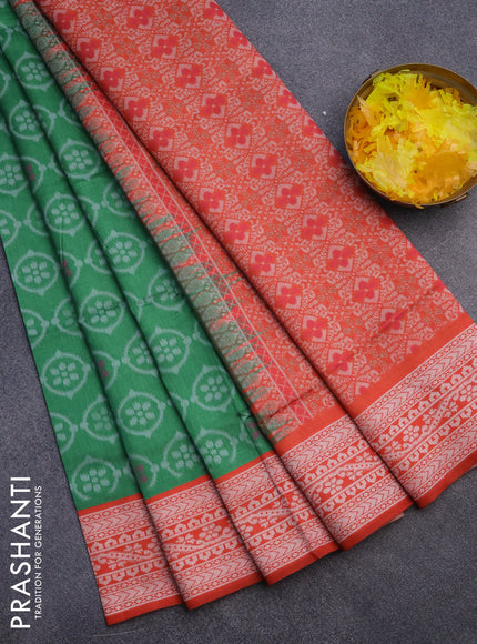 Sambalpuri semi silk saree green and red shade with allover ikat weaves and thread woven border