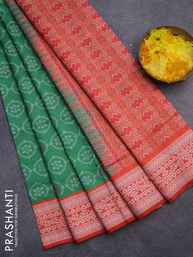 Sambalpuri semi silk saree green and red shade with allover ikat weaves and thread woven border