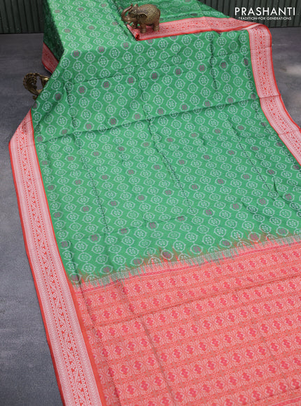 Sambalpuri semi silk saree green and red shade with allover ikat weaves and thread woven border