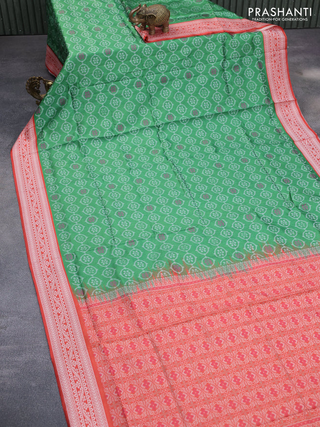 Sambalpuri semi silk saree green and red shade with allover ikat weaves and thread woven border