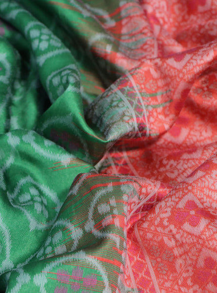 Sambalpuri semi silk saree green and red shade with allover ikat weaves and thread woven border