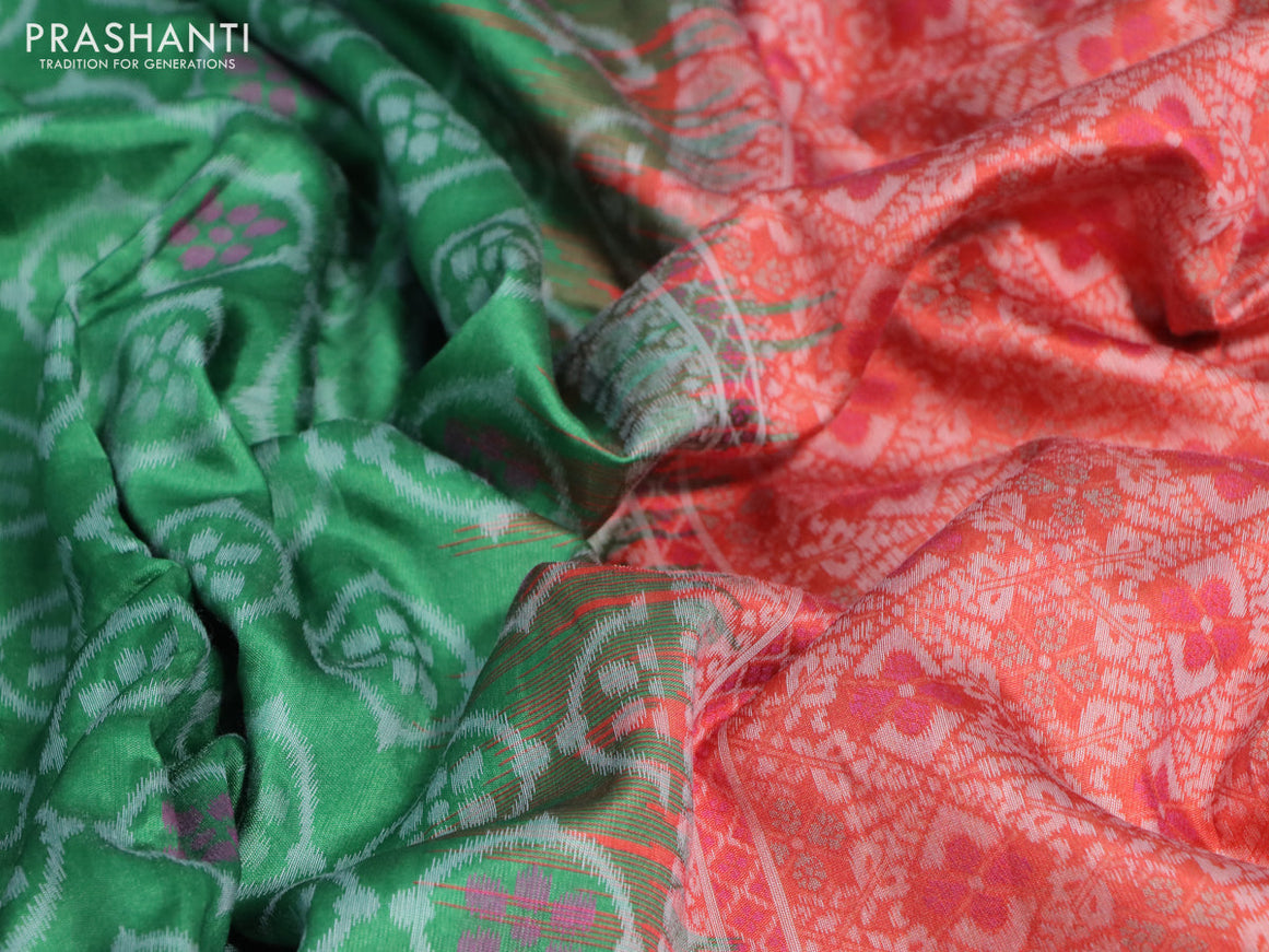 Sambalpuri semi silk saree green and red shade with allover ikat weaves and thread woven border