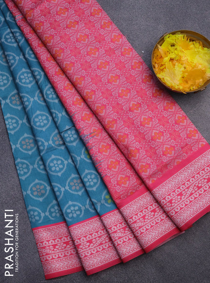 Sambalpuri semi silk saree candy pink and teal green shade with allover ikat weaves and thread woven border